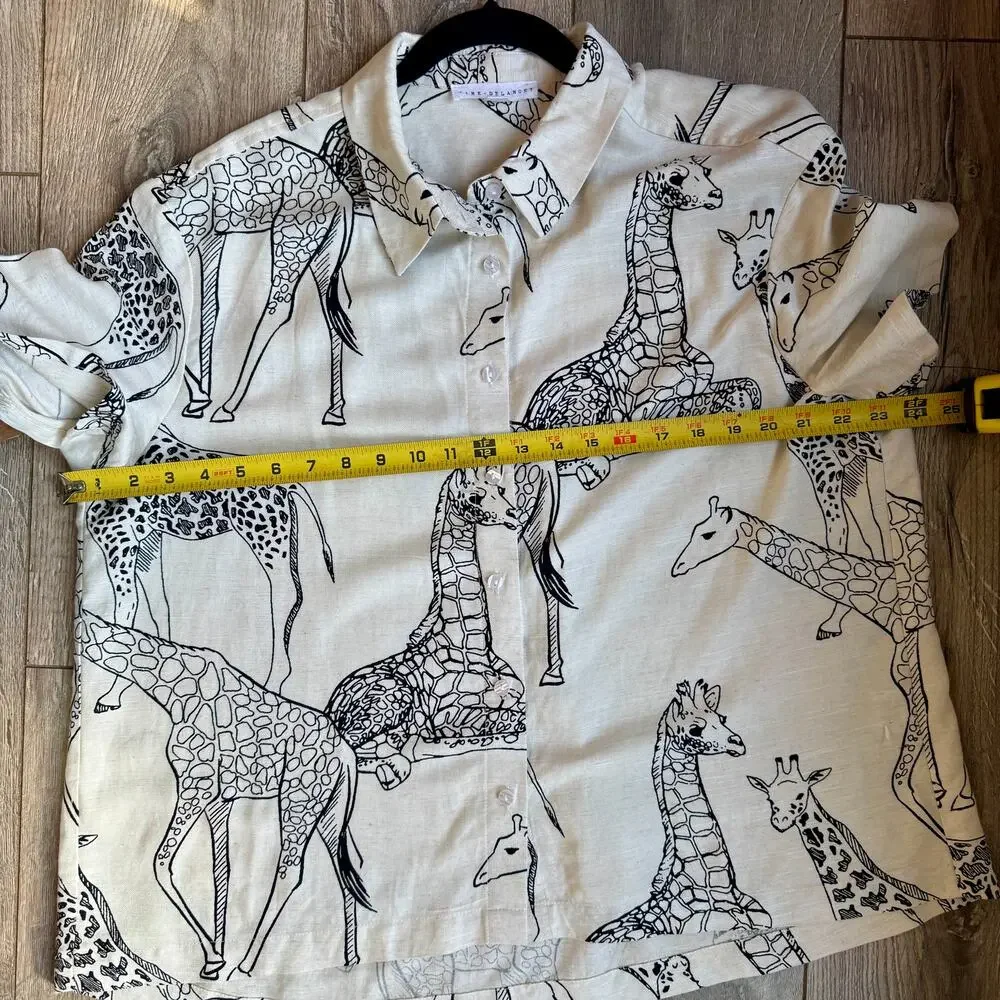 Jane Delancey Giraffe Print Button Up Shirt Linen Blend Safari Animal Print Top - Picture 9 of 10